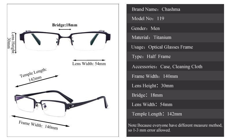 Chashma Ottica Men's Semi Rim Square Titanium Eyeglasses 119 Semi Rim Chashma Ottica