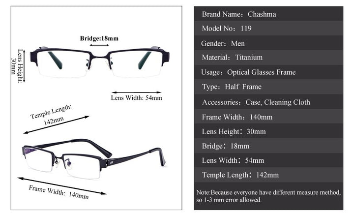 Chashma Ottica Men's Semi Rim Square Titanium Eyeglasses 119 Semi Rim Chashma Ottica