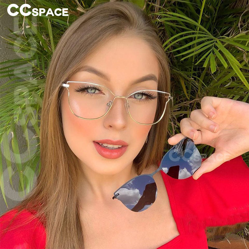 CCspace Unisex Full Rim Square Cat Eye Alloy Frame Eyeglasses Clip On Sunglasses 47478 With Clip Ons CCspace