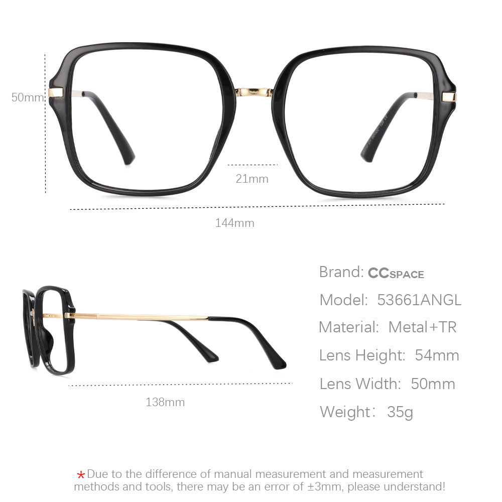 CCspace Unisex Full Rim Square Tr 90 Frame Eyeglasses Clip On Sunglasses 53661 With Clip Ons CCspace