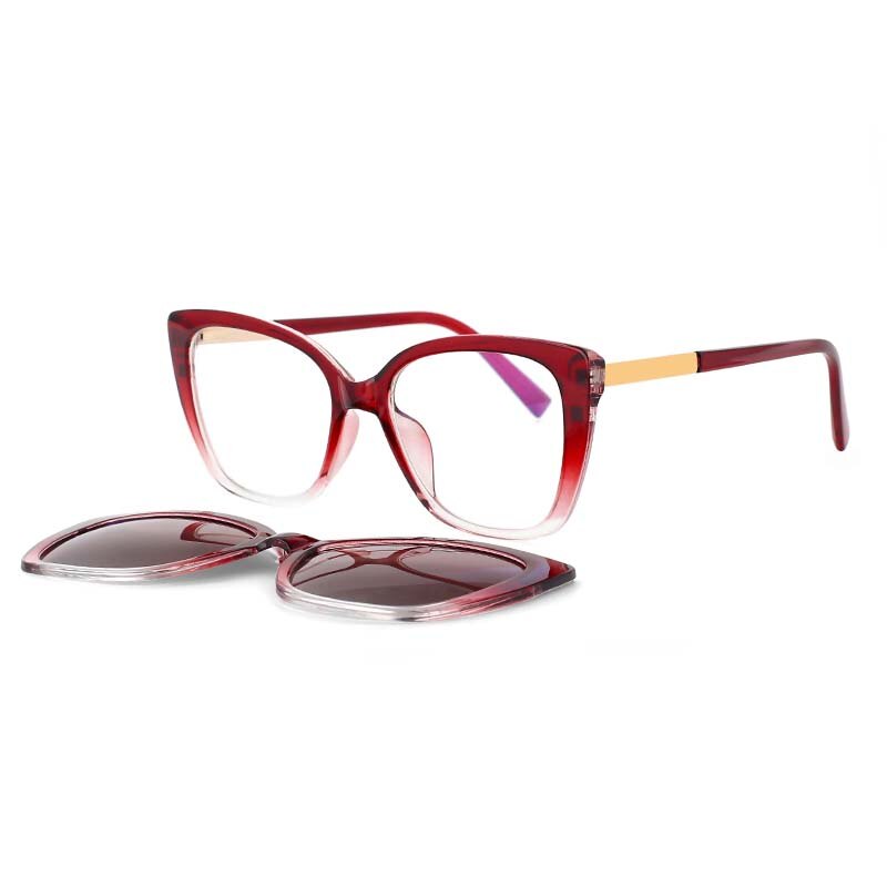 CCspace Unisex Full Rim Square Cat Eye Tr 90 Titanium Eyeglasses Clip On Sunglasses 53547 With Clip Ons CCspace Red