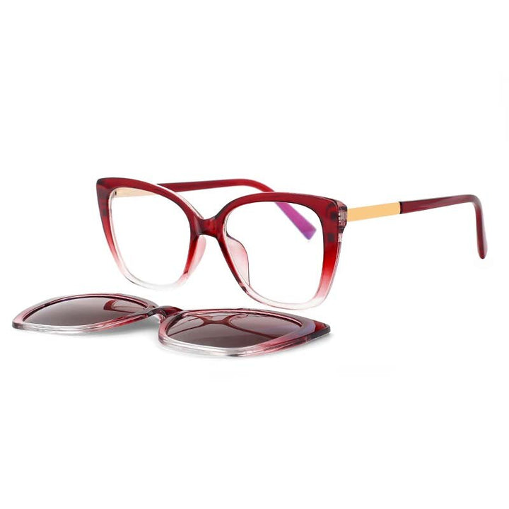 CCspace Unisex Full Rim Square Cat Eye Tr 90 Titanium Eyeglasses Clip On Sunglasses 53547 With Clip Ons CCspace Red