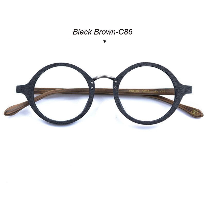 Hdcrafter Men's Full Rim Round Metal Wood Frame Eyeglasses Ps6084 Full Rim Hdcrafter Eyeglasses Black Brown-C86