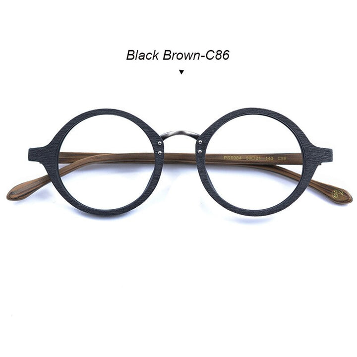 Hdcrafter Men's Full Rim Round Metal Wood Frame Eyeglasses Ps6084 Full Rim Hdcrafter Eyeglasses Black Brown-C86