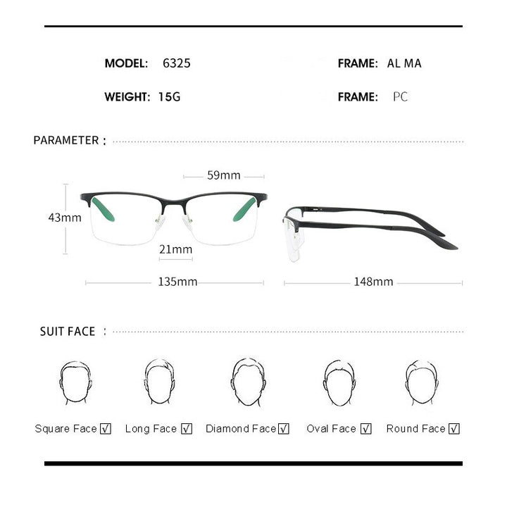 Hdcrafter Men's Semi Rim Square TR 90 Titanium Frame Eyeglasses P6325 Semi Rim Hdcrafter Eyeglasses