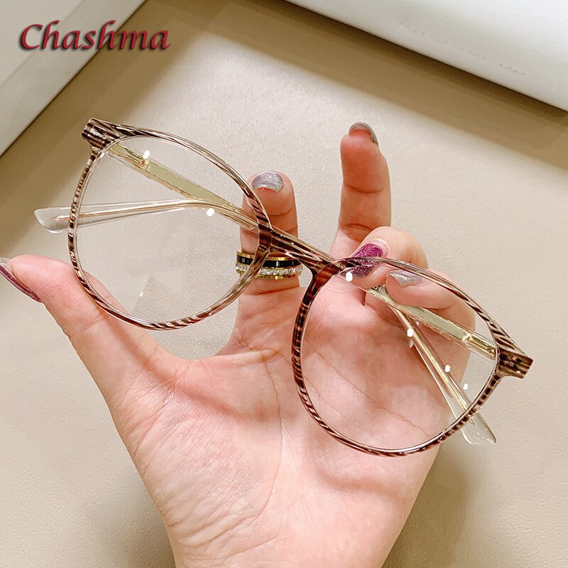 Chashma Ochki Women's Full Rim Round Tr 90 Titanium Eyeglasses 7838 Full Rim Chashma Ochki Brown Stripe  