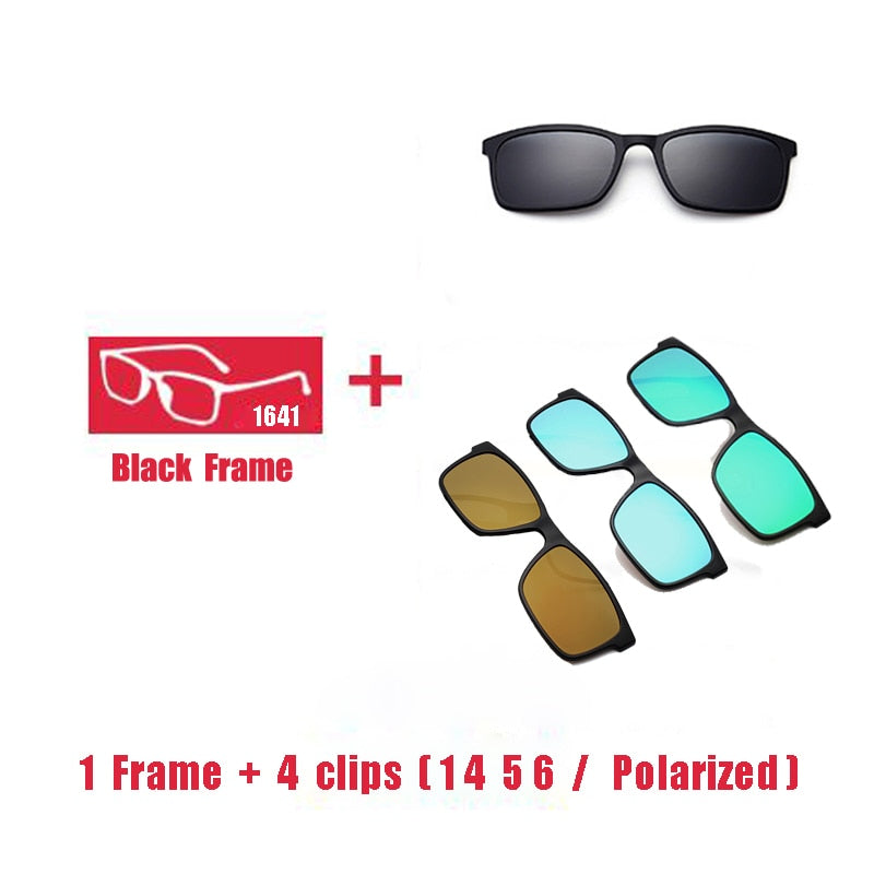 Oveliness Unisex Full Rim Square Tr 90 Titanium Eyeglasses Polarized Clip On Sunglasses 1641 With Clip Ons Oveliness 1F 4 clips 1 4 5 6