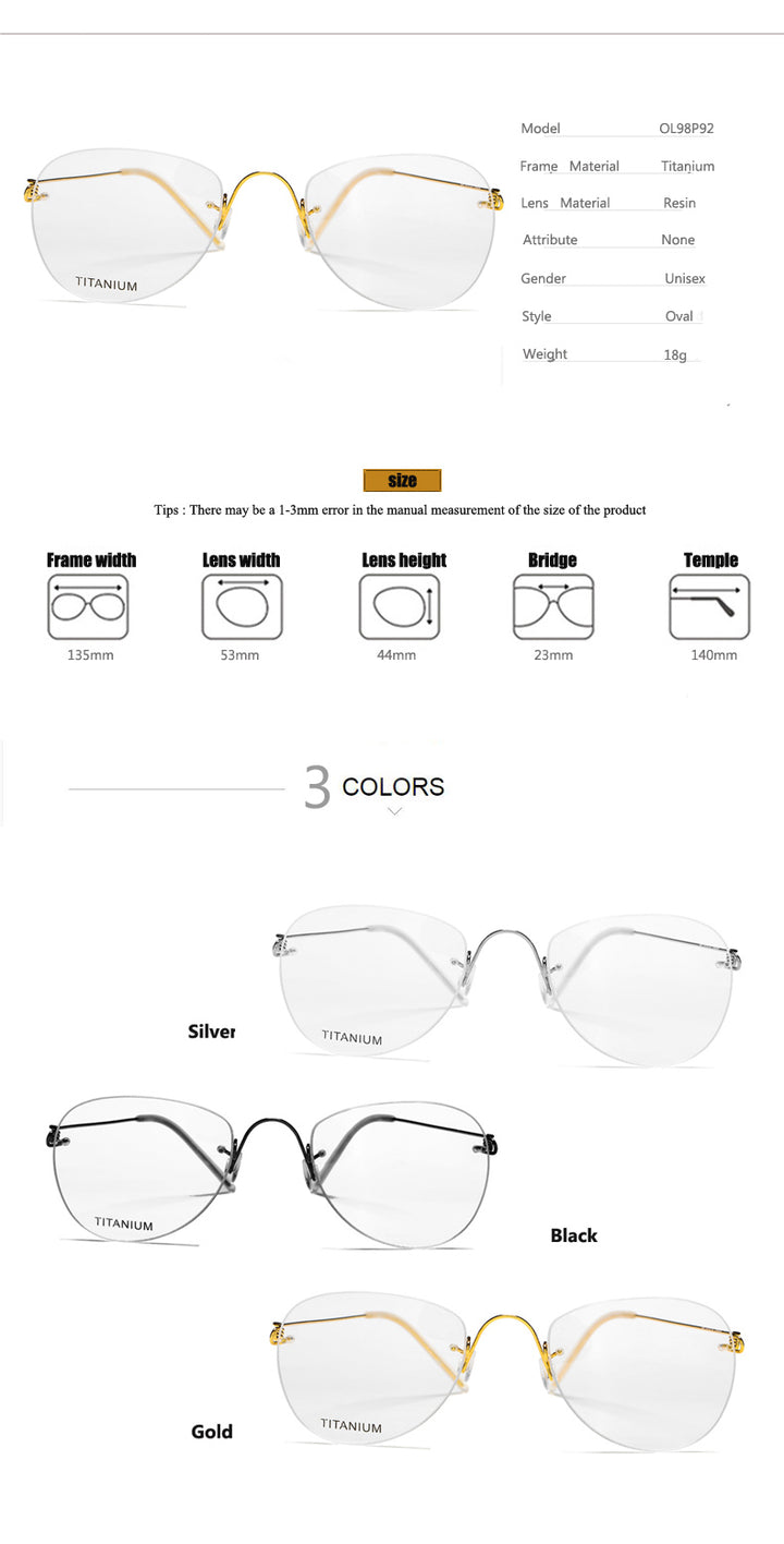 Oveliness Unisex Rimless Round Square Screwless Titanium Eyeglasses 9892 Rimless Oveliness