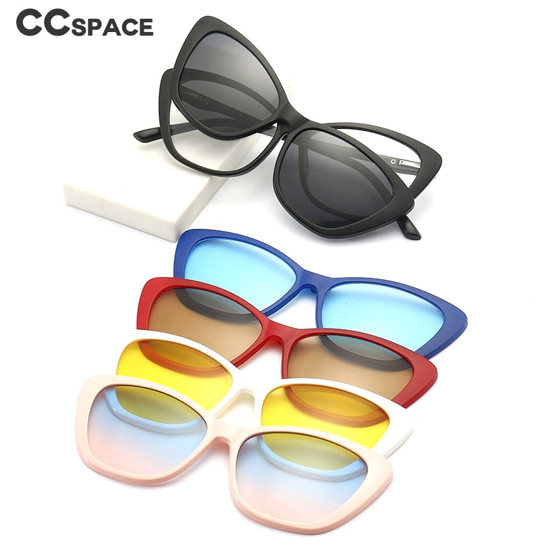 CCspace Unisex Full Rim Cat Eye Tr 90 Titanium Eyeglasses Clip On Sunglasses 53880 With Clip Ons CCspace