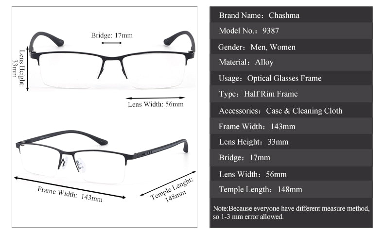 Chashma Ottica Men's Semi Rim Square Titanium Stainless Steel Eyeglasses 9387 Semi Rim Chashma Ottica