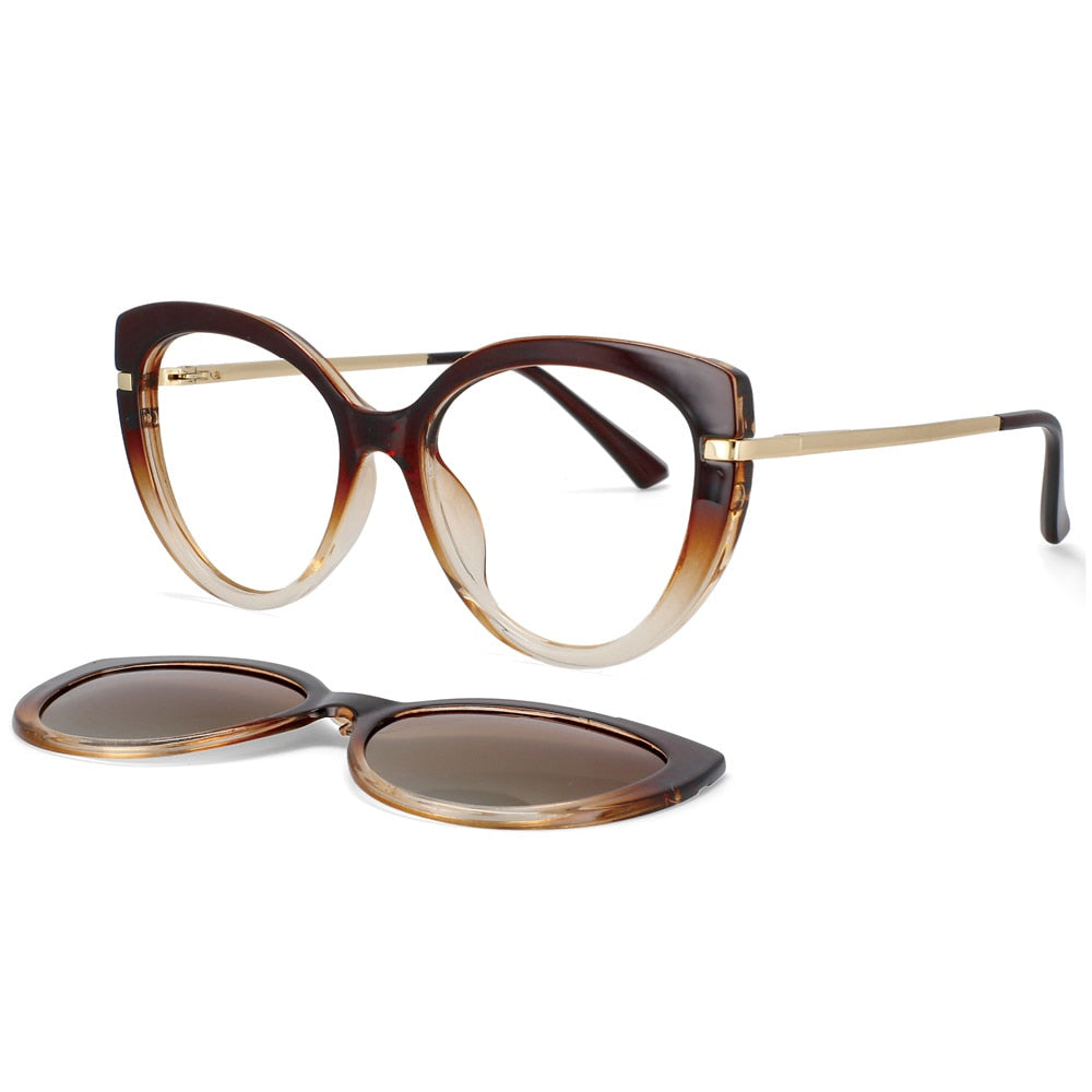 CCspace Unisex Full Rim Cat Eye Tr 90 Titanium Frame Eyeglasses Clip On Sunglasses 53673 With Clip Ons CCspace Tea