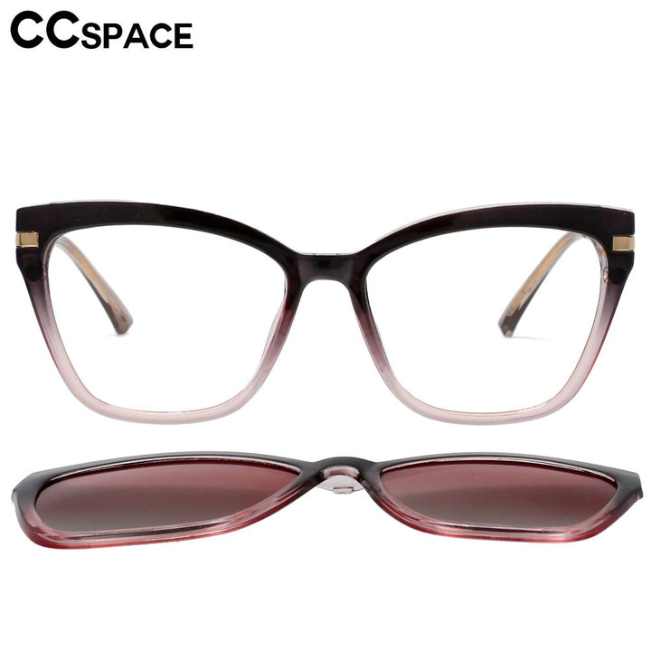 CCspace Unisex Full Rim Square Cat Eye Tr 90 Titanium Eyeglasses Clip On Sunglasses 53684 With Clip Ons CCspace