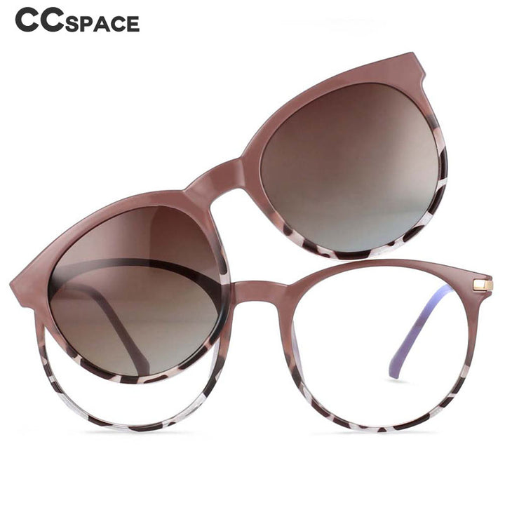 CCspace Unisex Full Rim Round Tr 90 Titanium Frame Eyeglasses Clip On Sunglasses 54044 With Clip Ons CCspace