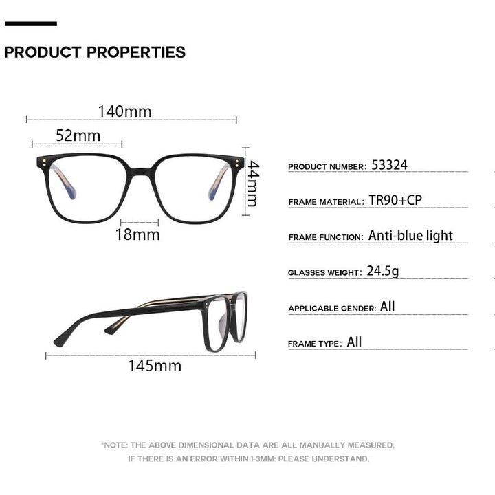 CCspace Unisex Full Rim Square Tr 90 Eyeglasses 53324 Full Rim CCspace