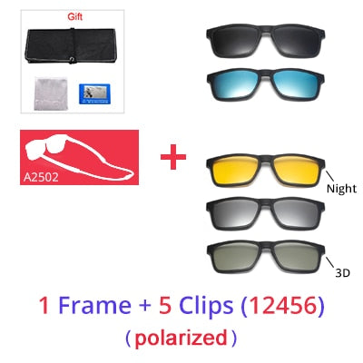 Ralferty Unisex Square Eyeglasses With Clip On Sunglasses With Clip Ons Ralferty 1Frame 5 Clips 12456 Full black frame