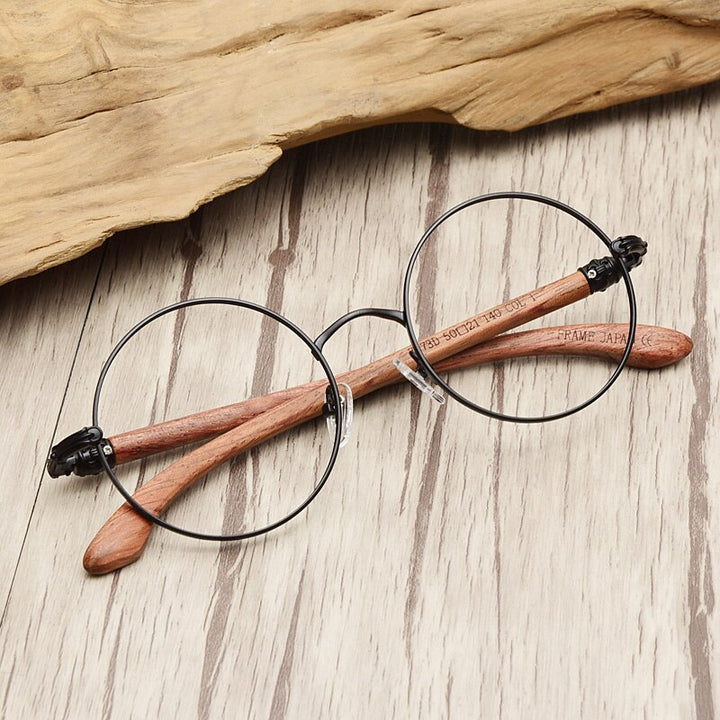 Hdcrafter Unisex Full Rim Round  Titanium Wood Frame Eyeglasses 7573 Full Rim Hdcrafter Eyeglasses