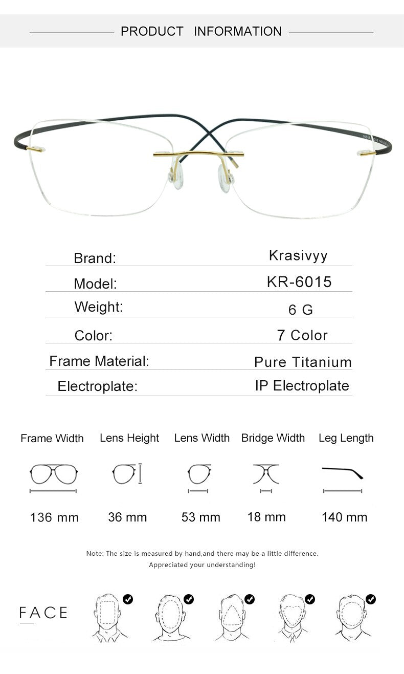 Krasivyy Unisex Rimless Square Oval Eyeglasses Kr6015 Rimless Krasivyy