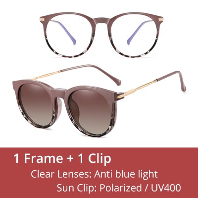 Ralferty Women's Full Rim Round Acetate Eyeglasses With Clip On Sunglasses F95975 With Clip Ons Ralferty C1 Khaki Leopard China As picture