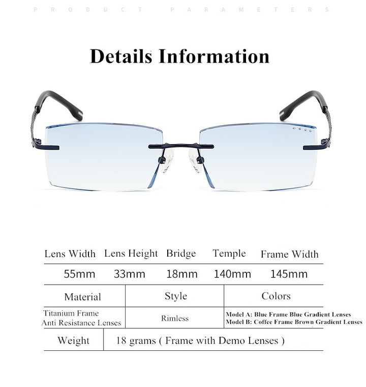 Chashma Ottica Men's Rimless Rectangle Titanium Eyeglasses Tinted Lenses 1025 Rimless Chashma Ottica