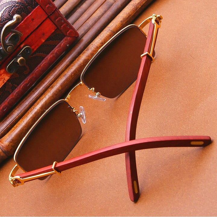 Vazrobe Unisex Semi Rim Rectangle Wood Titanium UV400 Sunglasses 3757 Sunglasses Vazrobe