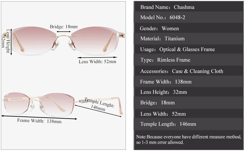 Chashma Ottica Women's Rimless Oval Rectangle Titanium Eyeglasses Tinted Lenses 6048 Rimless Chashma Ottica