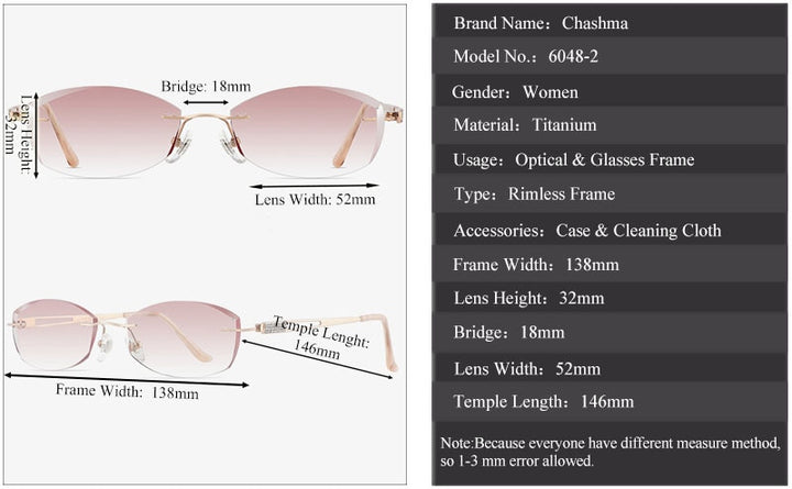 Chashma Ottica Women's Rimless Oval Rectangle Titanium Eyeglasses Tinted Lenses 6048 Rimless Chashma Ottica   