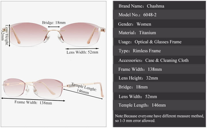Chashma Ottica Women's Rimless Oval Rectangle Titanium Eyeglasses Tinted Lenses 6048 Rimless Chashma Ottica