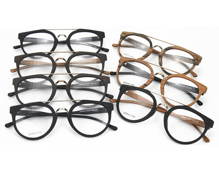 Hdcrafter Unisex Full Rim Round Wood Metal Acetate Double Bridge Frame Eyeglasses Spr09 Full Rim Hdcrafter Eyeglasses
