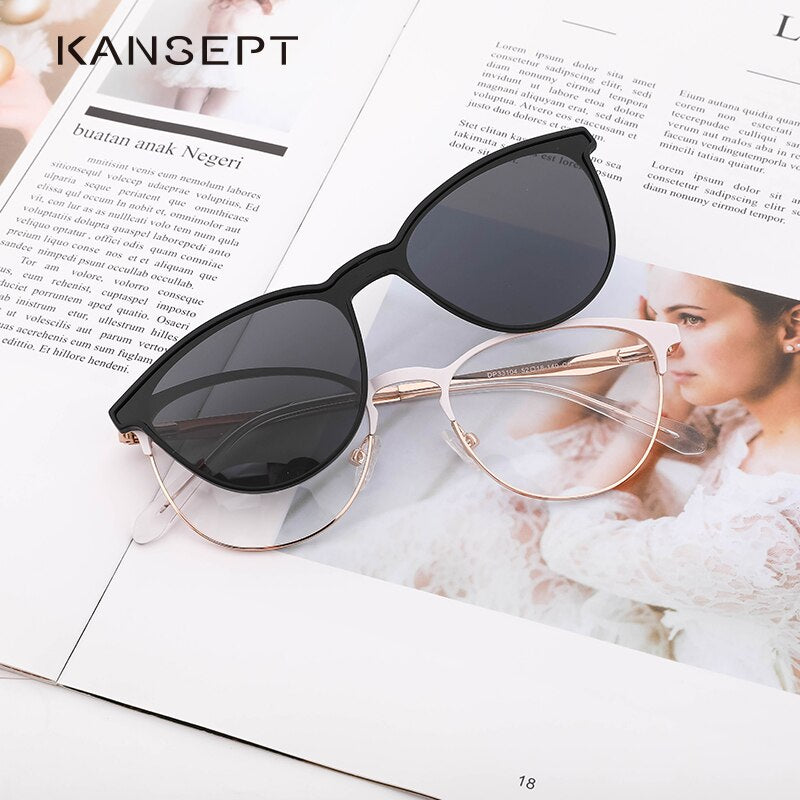 Kansept Women's Full Rim Cat Eye Acetate Eyeglasses Clip On Sunglasses Dp33104 With Clip Ons Kansept