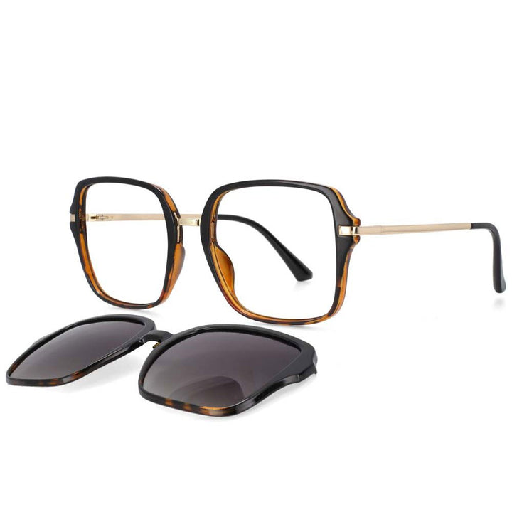 CCspace Unisex Full Rim Square Tr 90 Frame Eyeglasses Clip On Sunglasses 53661 With Clip Ons CCspace black-leopard