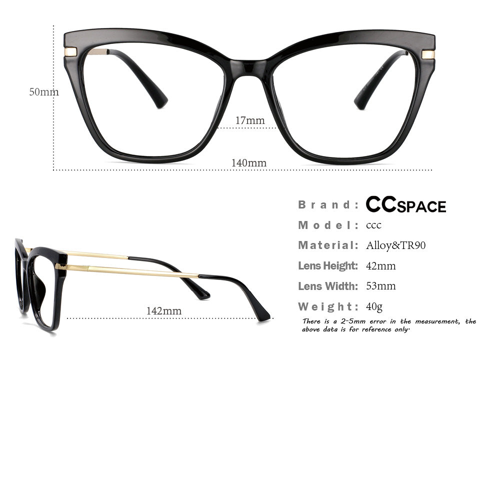 CCspace Unisex Full Rim Square Cat Eye Tr 90 Titanium Eyeglasses Clip On Sunglasses 53684 With Clip Ons CCspace