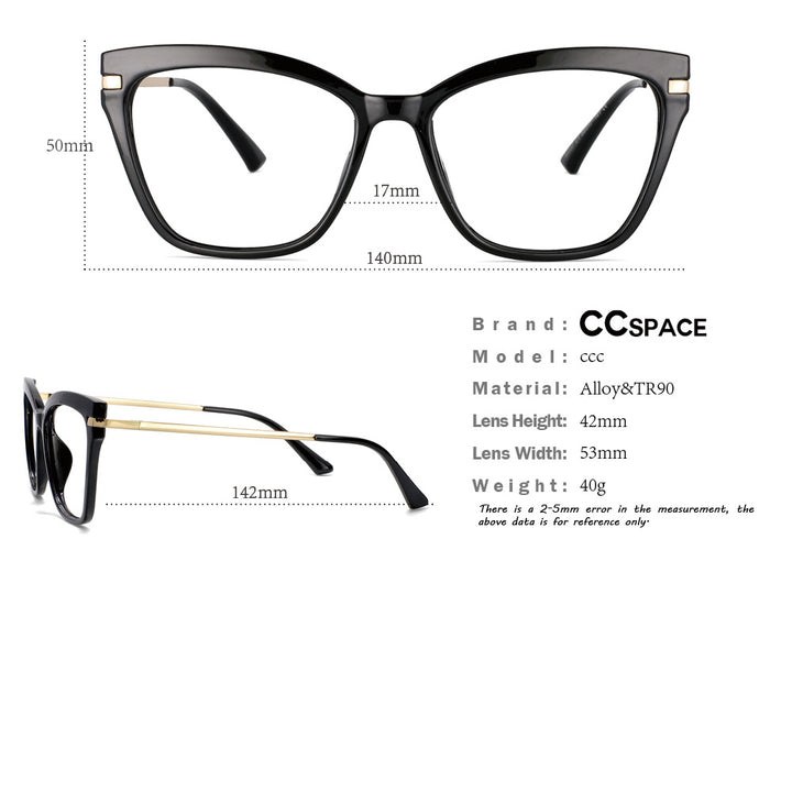 CCspace Unisex Full Rim Square Cat Eye Tr 90 Titanium Eyeglasses Clip On Sunglasses 53684 With Clip Ons CCspace