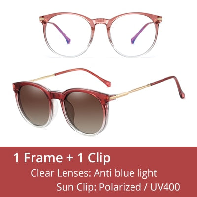Ralferty Women's Full Rim Round Acetate Eyeglasses With Clip On Sunglasses F95975 With Clip Ons Ralferty C6 Pink White China As picture