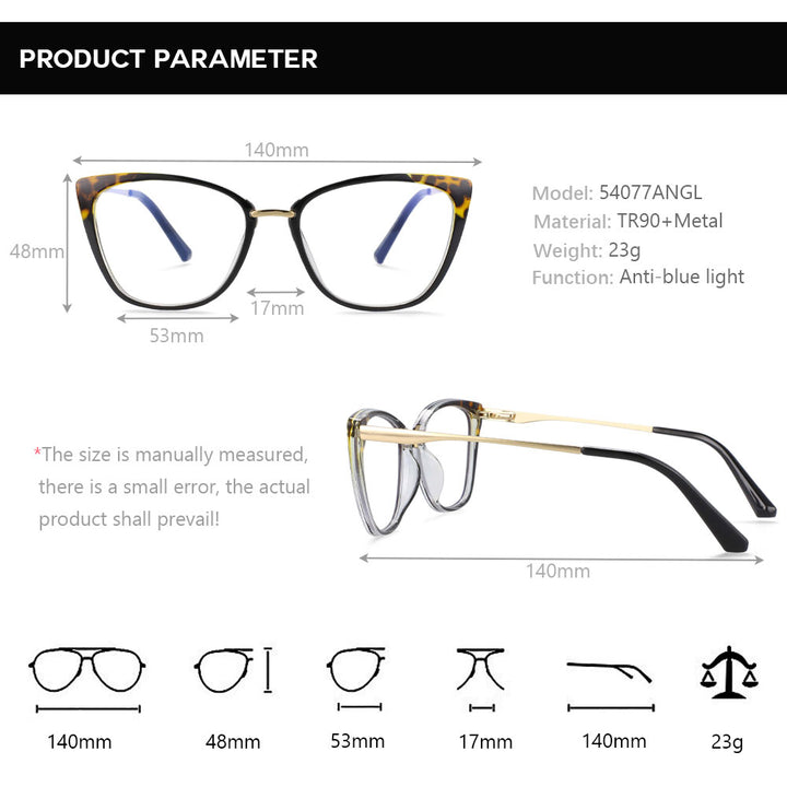 CCspace Women's Full Rim Square Cat Eye Tr 90 Titanium Eyeglasses 54077 Full Rim CCspace