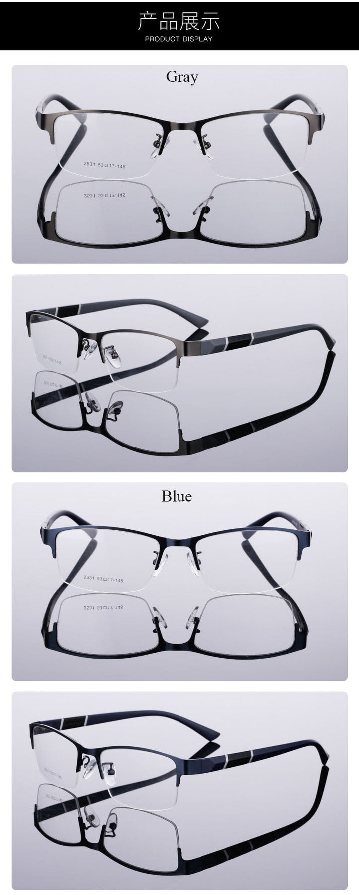 Unisex Half Rim Alloy Tr 90 Temple Eyeglasses 2531 Semi Rim Bclear
