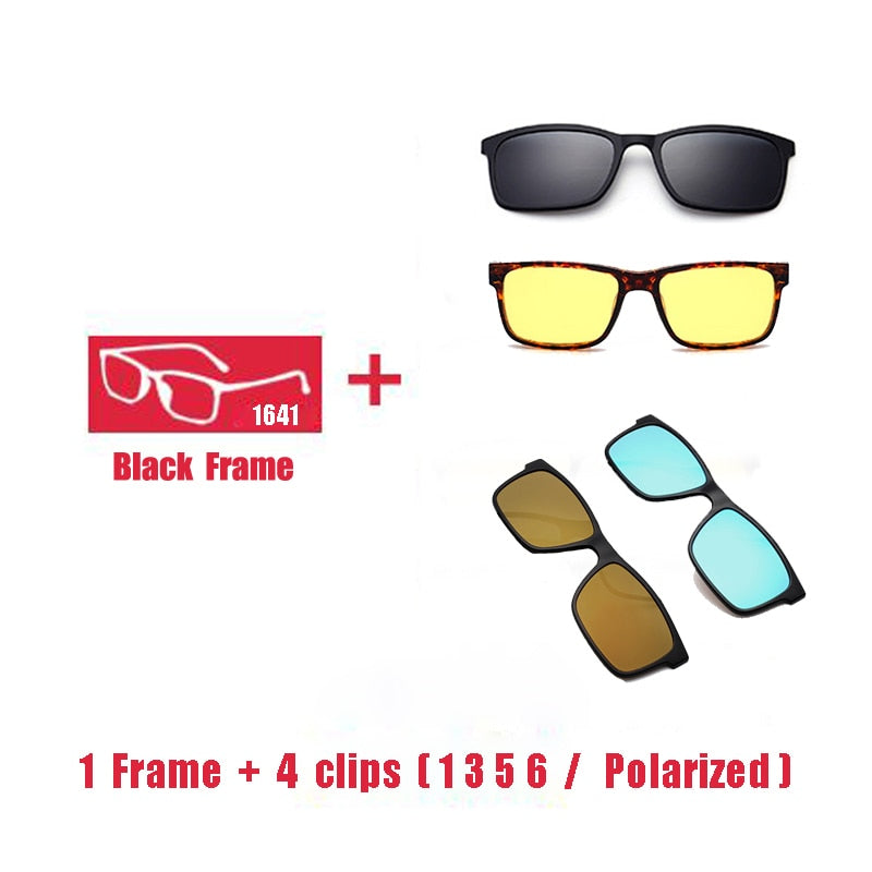 Oveliness Unisex Full Rim Square Tr 90 Titanium Eyeglasses Polarized Clip On Sunglasses 1641 With Clip Ons Oveliness 1F 4 clips 1 3 5 6