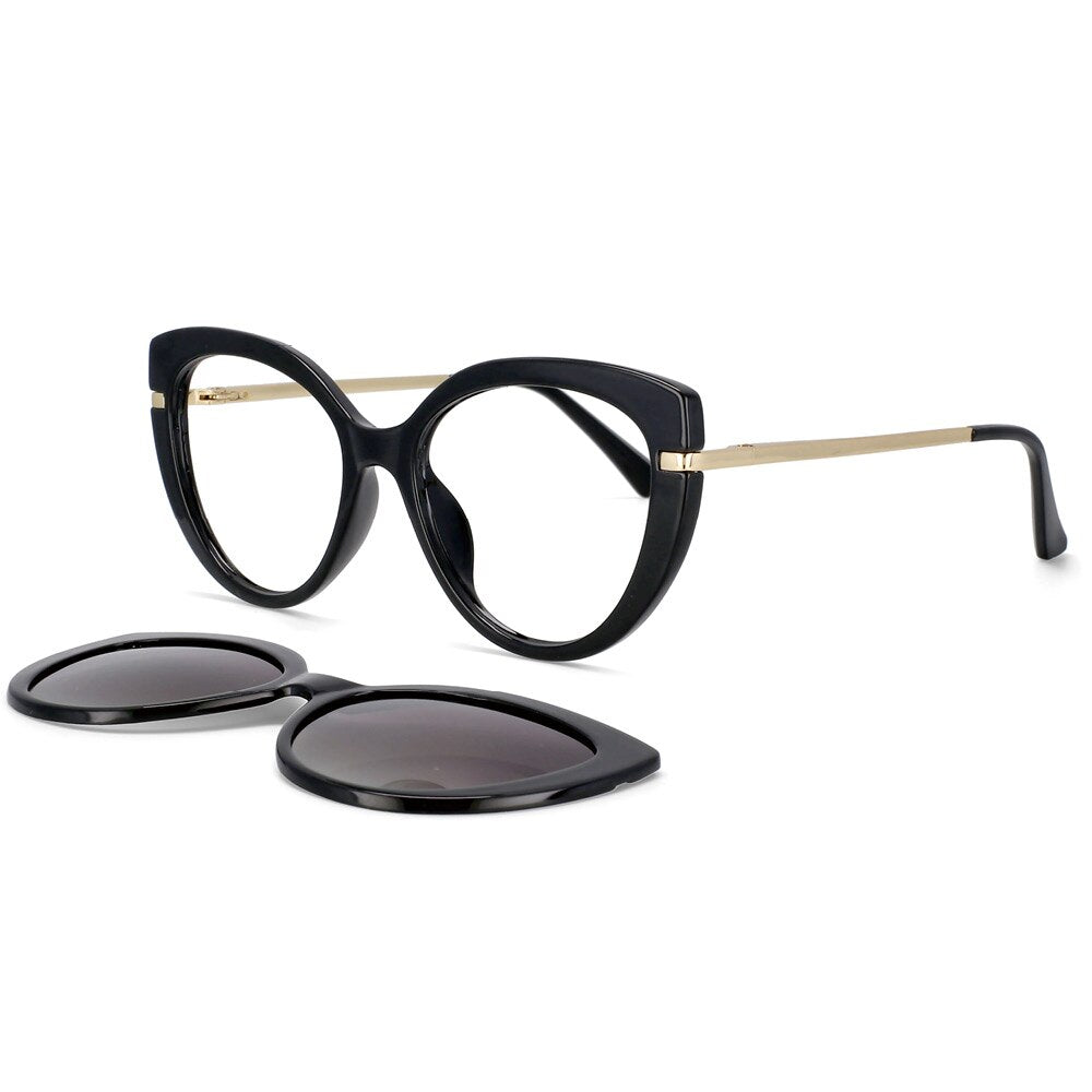 CCspace Unisex Full Rim Cat Eye Tr 90 Titanium Frame Eyeglasses Clip On Sunglasses 53673 With Clip Ons CCspace Black