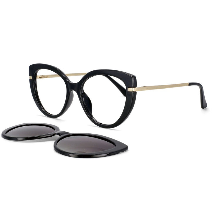 CCspace Unisex Full Rim Cat Eye Tr 90 Titanium Frame Eyeglasses Clip On Sunglasses 53673 With Clip Ons CCspace Black