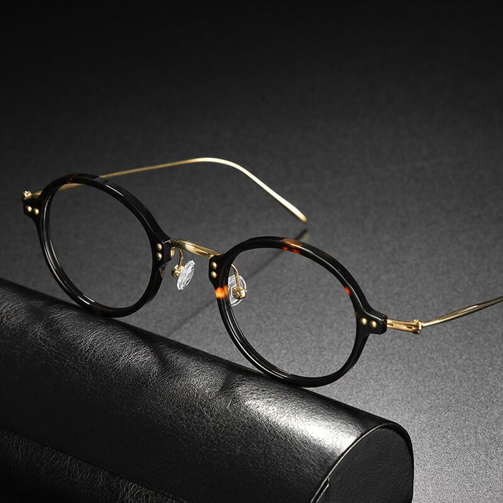 Gatenac Unisex Full Rim Round Acetate Titanium Frame Eyeglasses Gxyj546 Full Rim Gatenac Tortoise Gold