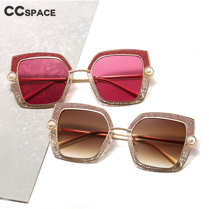CCspace Women's Full Rim Square Cat Eye Hollow Pearl Alloy Frame Sunglasses 46548 Sunglasses CCspace Sunglasses