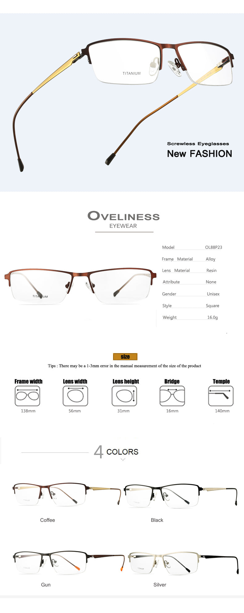 Oveliness Men's Semi Rim Square Screwless Titanium Alloy Eyeglasses Semi Rim Oveliness