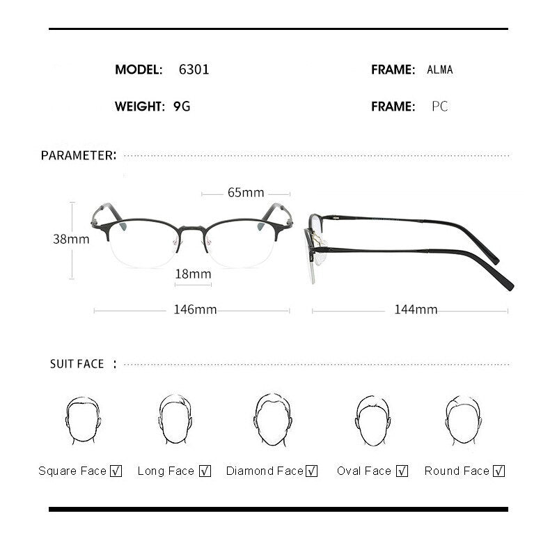 Hdcrafter Unisex Semi Rim Round TR 90 Titanium Frame Eyeglasses 6301 Semi Rim Hdcrafter Eyeglasses