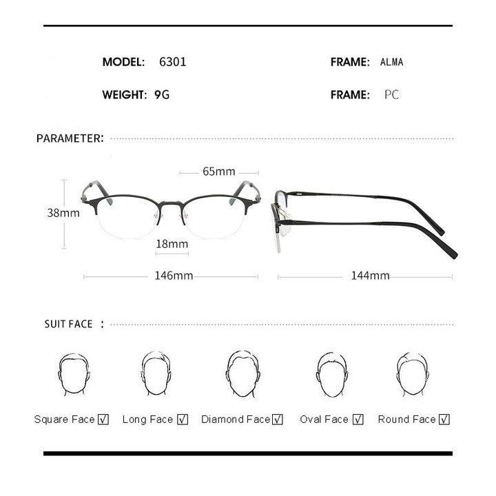 Hdcrafter Unisex Semi Rim Round TR 90 Titanium Frame Eyeglasses 6301 Semi Rim Hdcrafter Eyeglasses