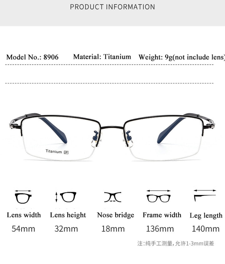 Men's Semi Rim Square Titanium Frame Eyeglasses Sc8906 Semi Rim Bclear