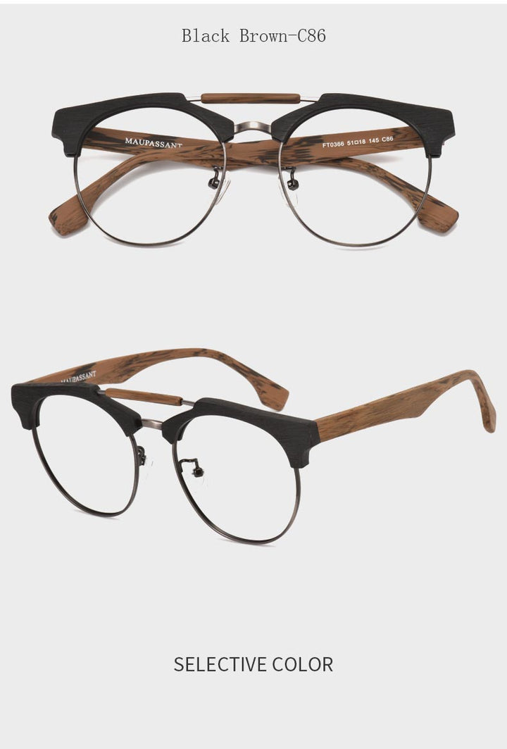 Hdcrafter Unisex Full Rim Round Wood Alloy Double Bridge Frame Eyeglasses Ft0366 Full Rim Hdcrafter Eyeglasses