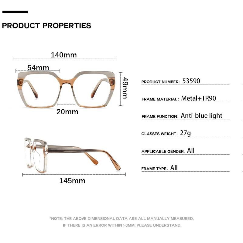 CCspace Unisex Full Rim Oversized Polygon Square Tr 90 Titanium Frame Eyeglasses 53590 Full Rim CCspace