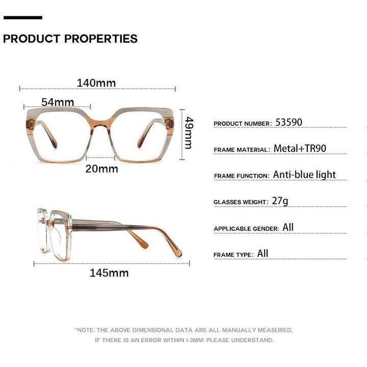 CCspace Unisex Full Rim Oversized Polygon Square Tr 90 Titanium Frame Eyeglasses 53590 Full Rim CCspace