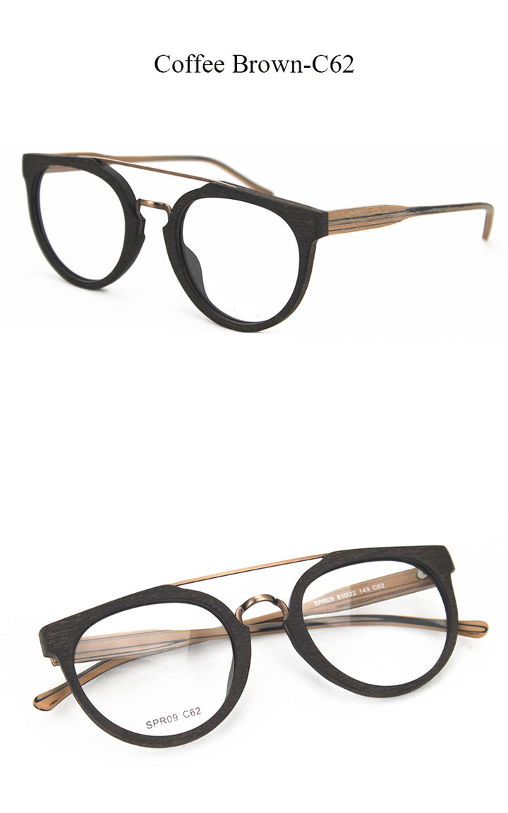 Hdcrafter Unisex Full Rim Round Wood Metal Acetate Double Bridge Frame Eyeglasses Spr09 Full Rim Hdcrafter Eyeglasses