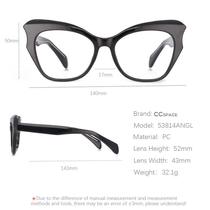 CCspace Women's Full Rim Oversized Cat Eye Tr 90 Titanium Frame Eyeglasses 53814 Full Rim CCspace