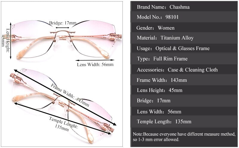Chashma Ottica Women's Rimless Square Cat Eye Titanium Eyeglasses Tinted Lenses 98101 Rimless Chashma Ottica
